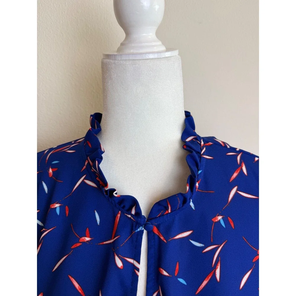 Banana Republic Blue Ruffle High Neck Puff Sleeve Abstract Leaf Print Blouse Top